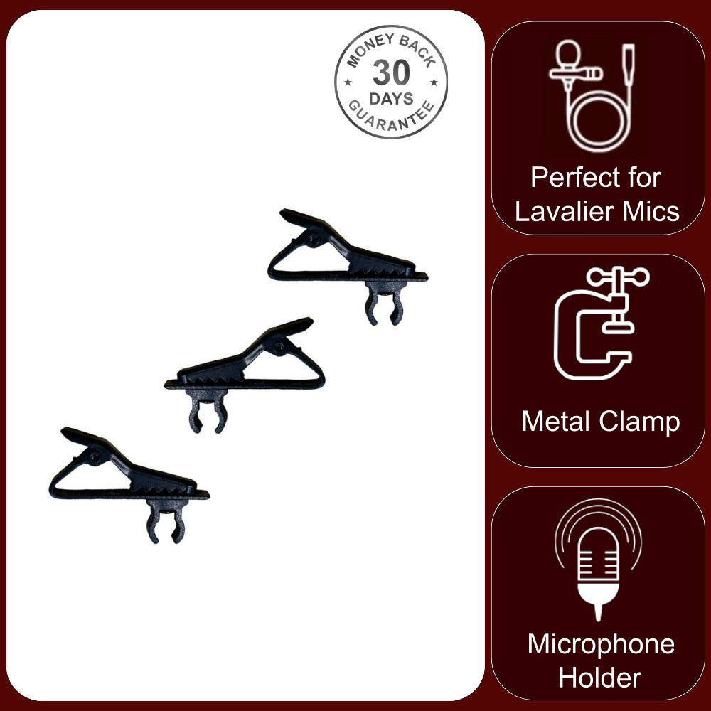 3x Replacement Clips for Lapel Lavaliere Microphone 6mm Diameter Metal Crocodile Clip Plastic Mount