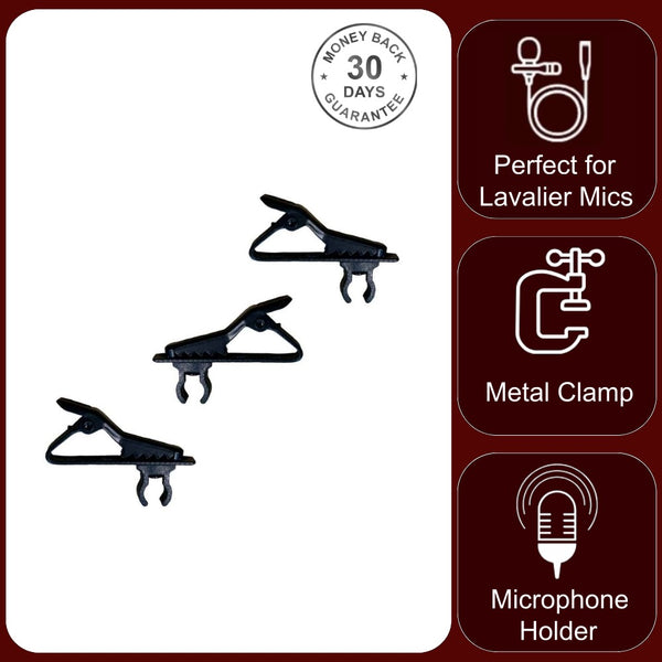 3x Replacement Clips for Lapel Lavaliere Microphone 6mm Diameter Metal Crocodile Clip Plastic Mount
