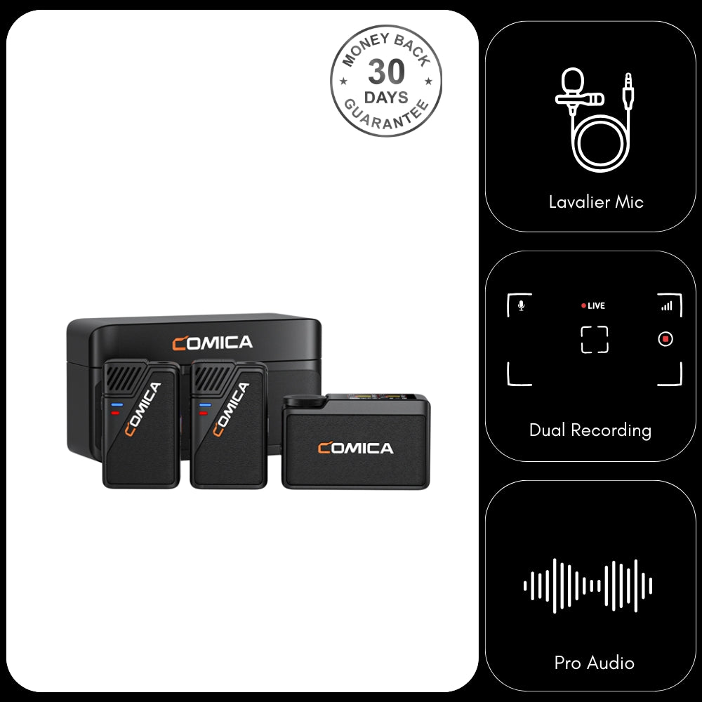 COMICA BooMax Wireless Lavalier Microphone - 32-Bit Float Recording, Cardioid/Omnidirectional Recording, 2.4GHz Dual Lapel Microphone with 32GB Memory, Touchscreen Wireless Mic for Camera