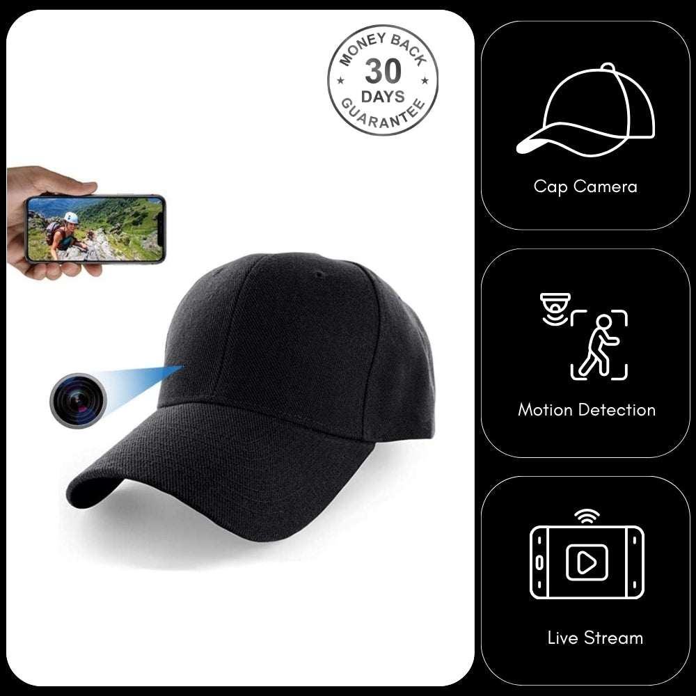 Wireless Wi-Fi Baseball Cap Camera Motion Detection & Scheduled Recording Live Stream App