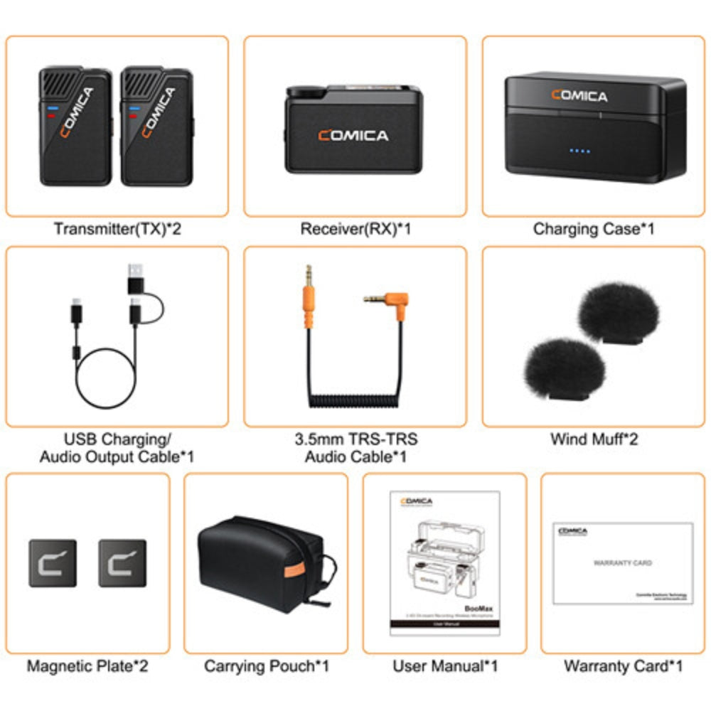 COMICA BooMax Wireless Lavalier Microphone - 32-Bit Float Recording, Cardioid/Omnidirectional Recording, 2.4GHz Dual Lapel Microphone with 32GB Memory, Touchscreen Wireless Mic for Camera
