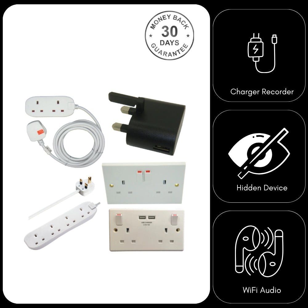 Wireless Wi-Fi Audio Spy Bug Sound Activated Recorder in AC Mains Extension Lead Unlimited Range Live Stream Download Push Notification