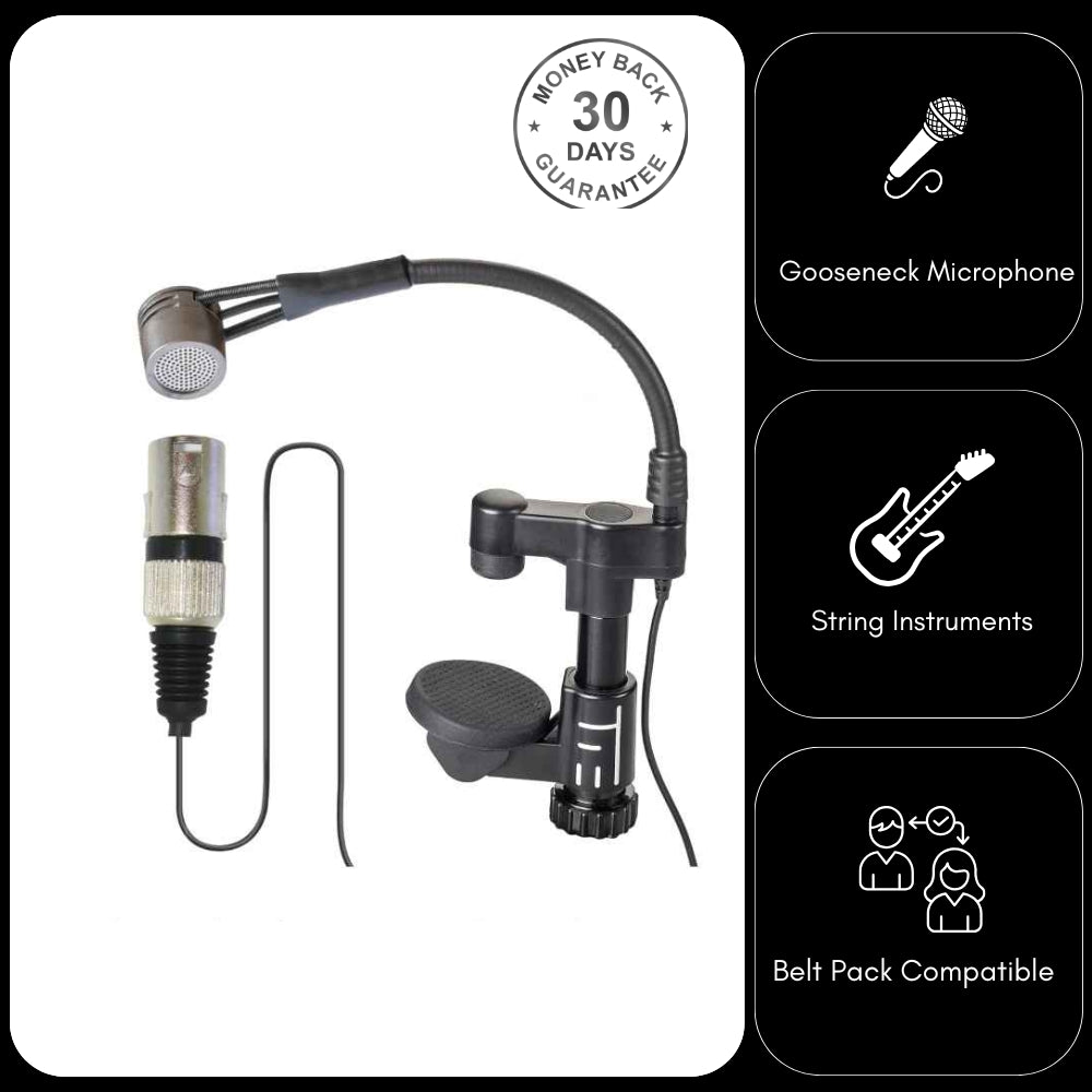 String Instrument Cardioid Microphone with Flexible Gooseneck for use with Belt Pack Transmitters