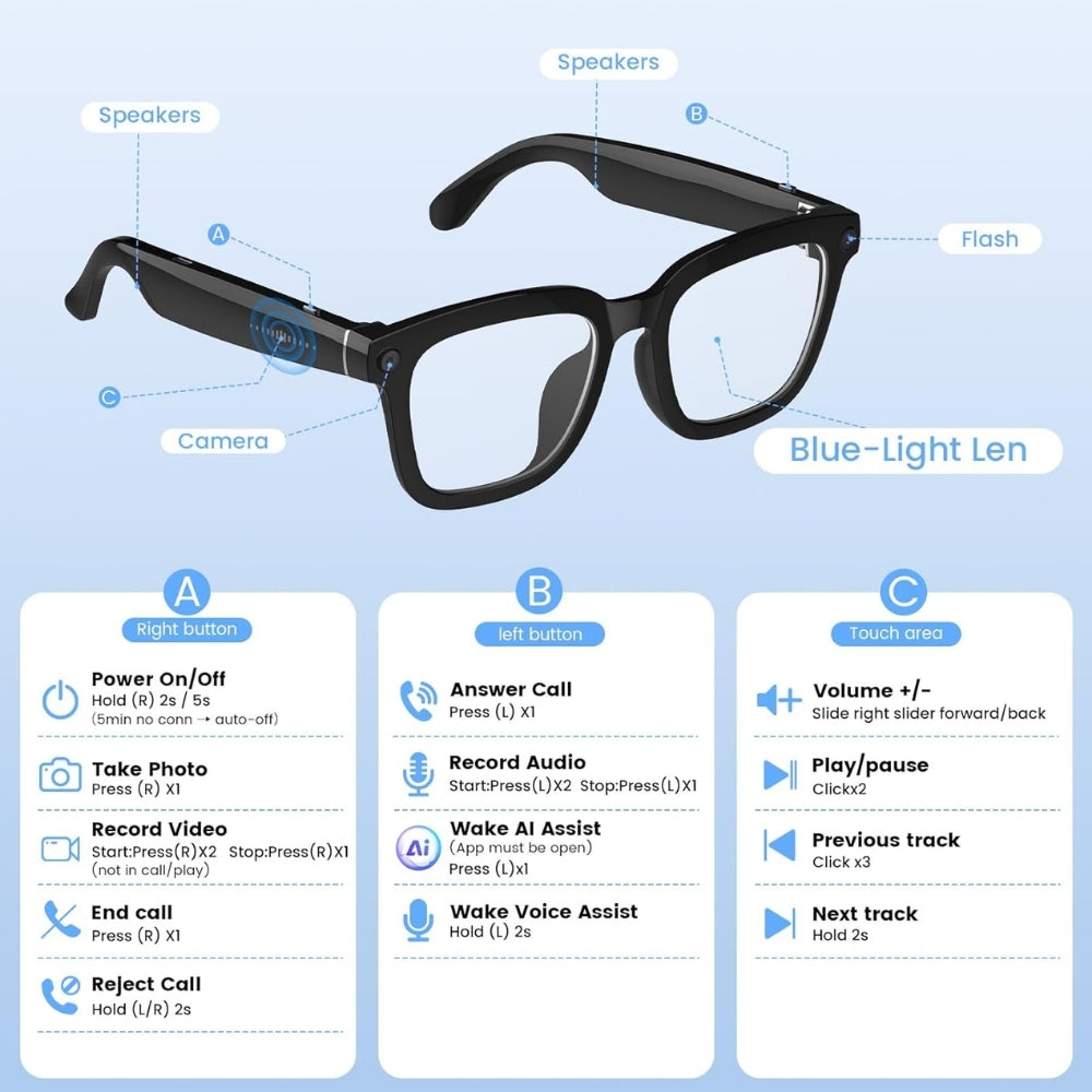 8MP Video Glasses Camera Smart Bluetooth Wireless 1080p Full HD Video Recording Photo and Audio