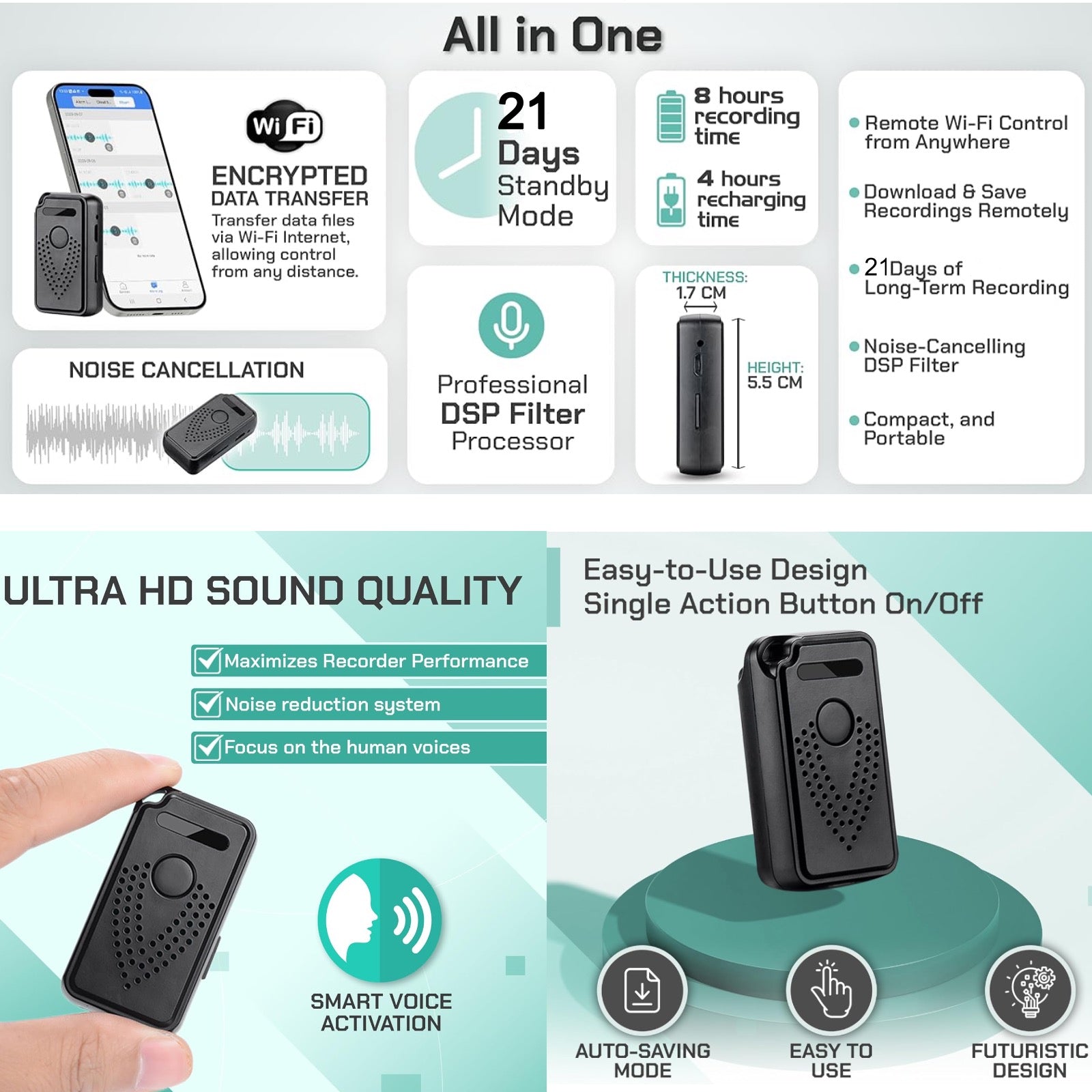 AR01 Wireless Wi-Fi Sound Recorder Listening Device Unlimited Range Live Audio Streaming Voice Activated Push Notification