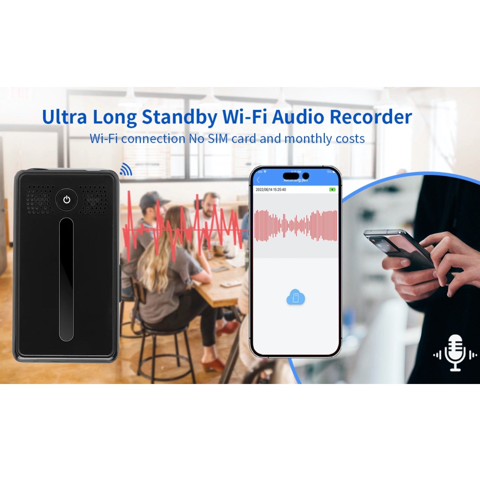 AR02 Wi-Fi Worldwide Live Streaming Audio Recorder Sound Activated Push Notification