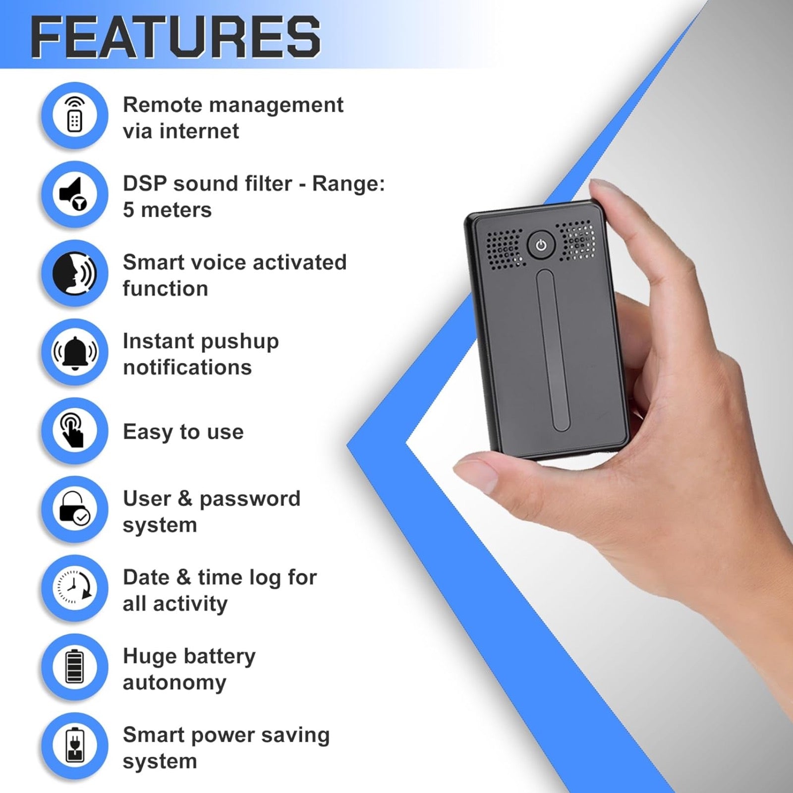 AR02 Wi-Fi Worldwide Live Streaming Audio Recorder Sound Activated Push Notification