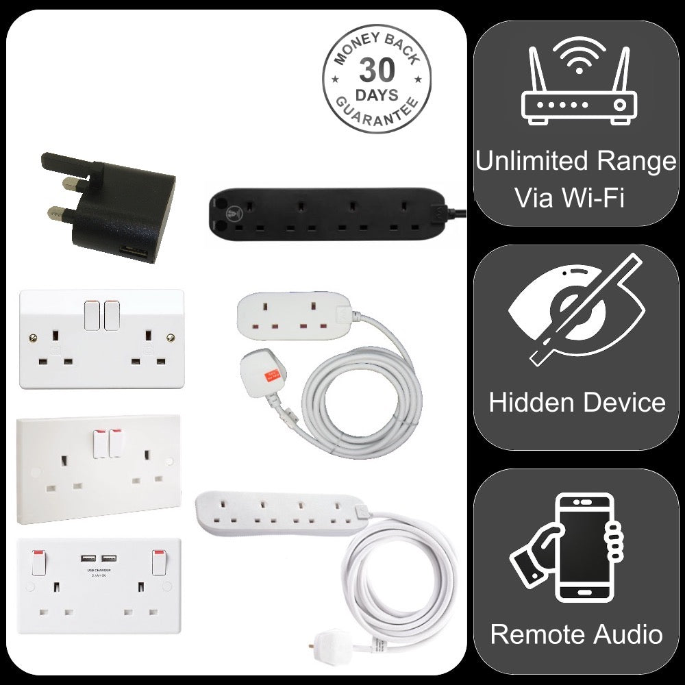 Wireless Wi-Fi Audio Spy Bug Sound Activated Recorder in Electric Extension Lead Wall Socket