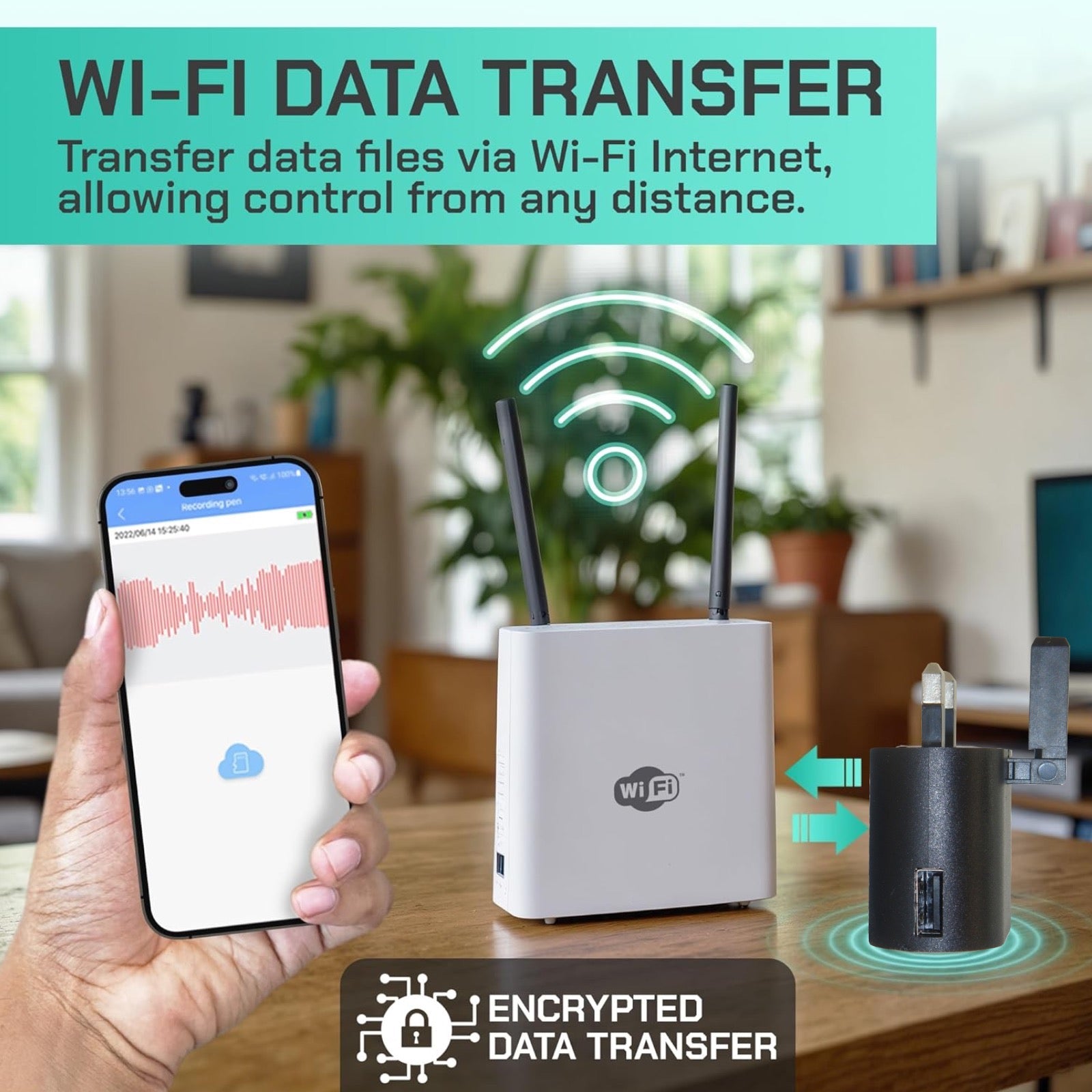 USB Phone Charger Wireless Wi-Fi Audio Recorder Unlimited Range Live Streaming Remote Download Push Notification