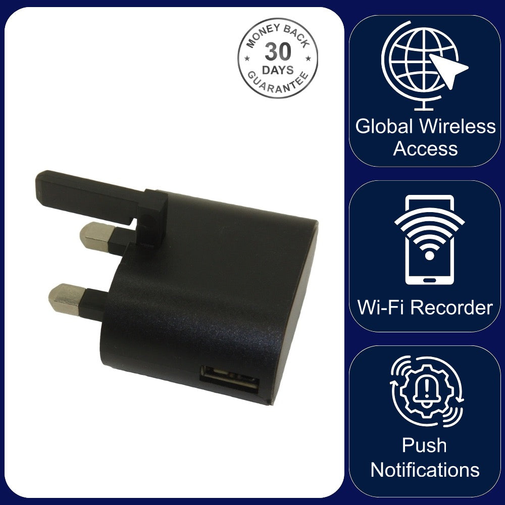 USB Phone Charger Wireless Wi-Fi Audio Recorder Unlimited Range Live Streaming Remote Download Push Notification