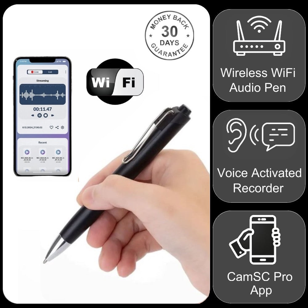 AR05 Wireless Wi-Fi Pen Audio Listening Voice Recorder Unlimited Range 9 Day Battery Listen Live Download Push