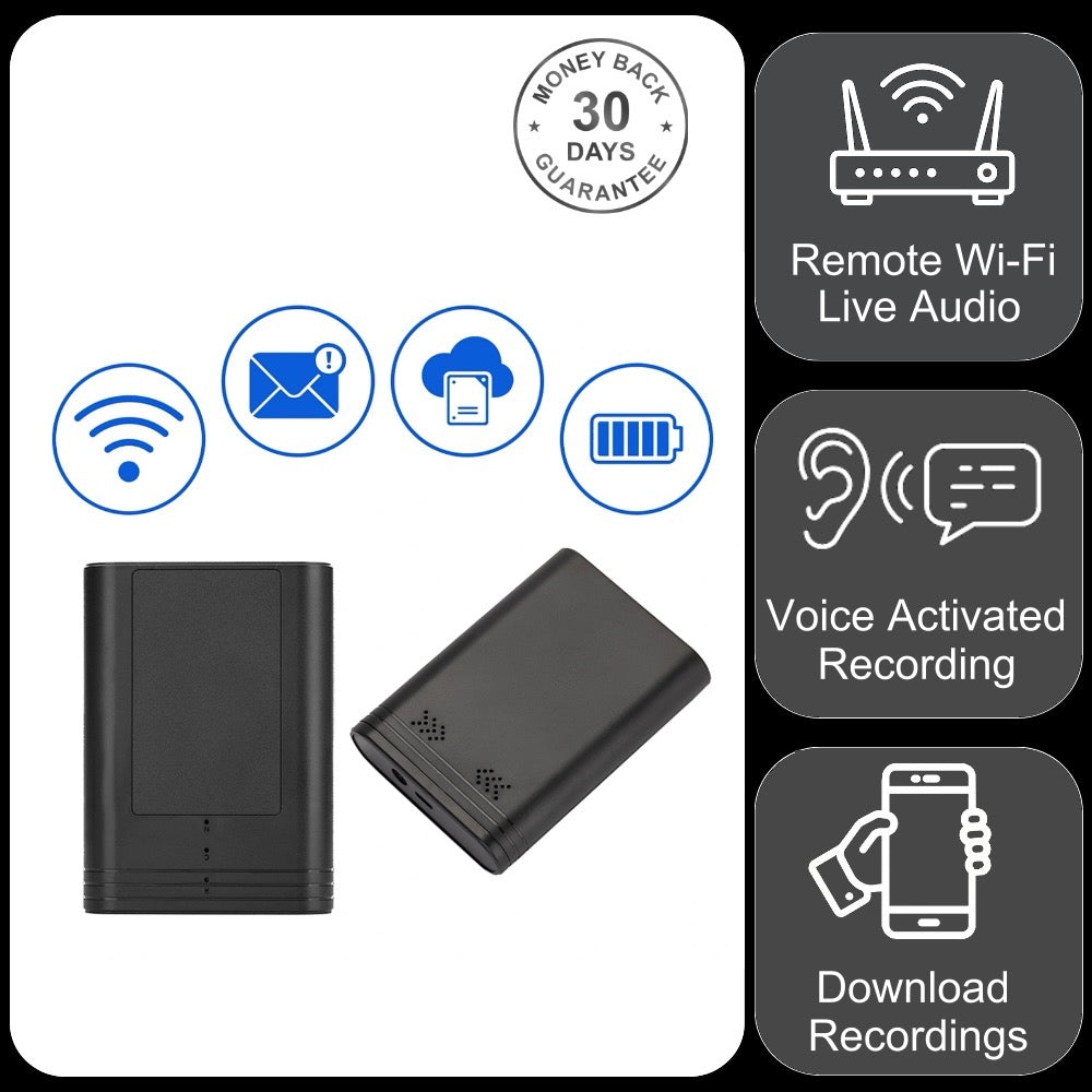 AR08 Wireless Wi-Fi Audio Recorder Sound Activated 12 Month Battery Unlimited Range Audio Listening Download Recordings
