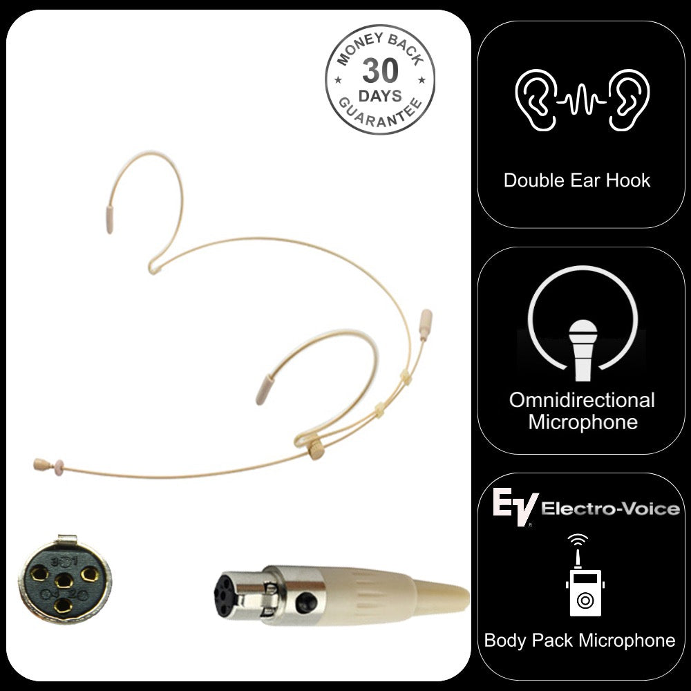 Beige Double Ear Hook Microphone for Electrovoice Body Pack Transmitter with 4 Pin Mini XLR Connector