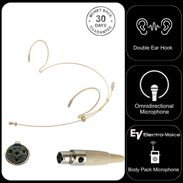 Beige Double Ear Hook Microphone for Electrovoice Body Pack Transmitter with 4 Pin Mini XLR Connector