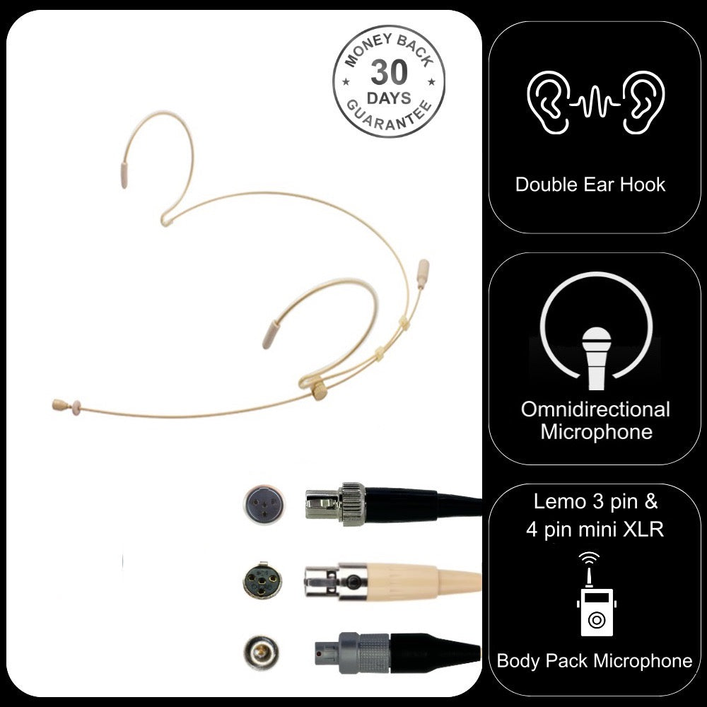 Headset Microphone for Shure Transmitter Beige Double Ear Hook 4 Pin Mini XLR and Lemo 3 Connector