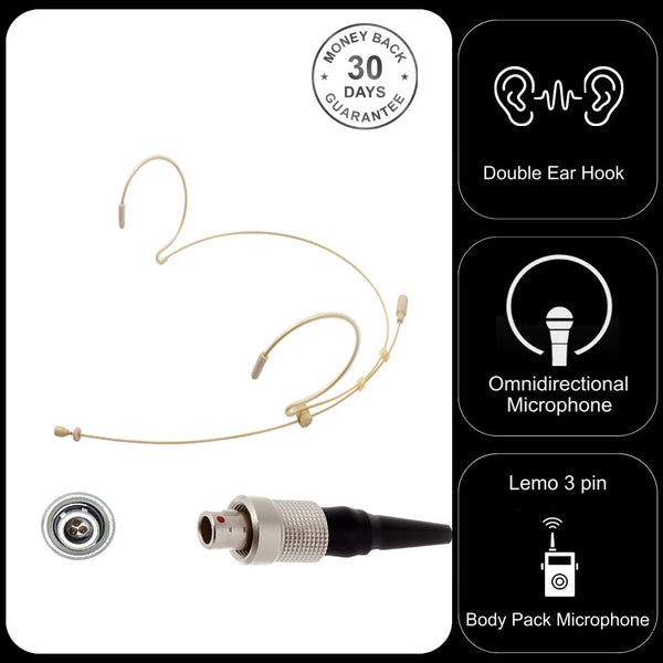 Beige Double Ear Hook Microphone for Shure Body Pack Transmitter with Lemo 3 Pin