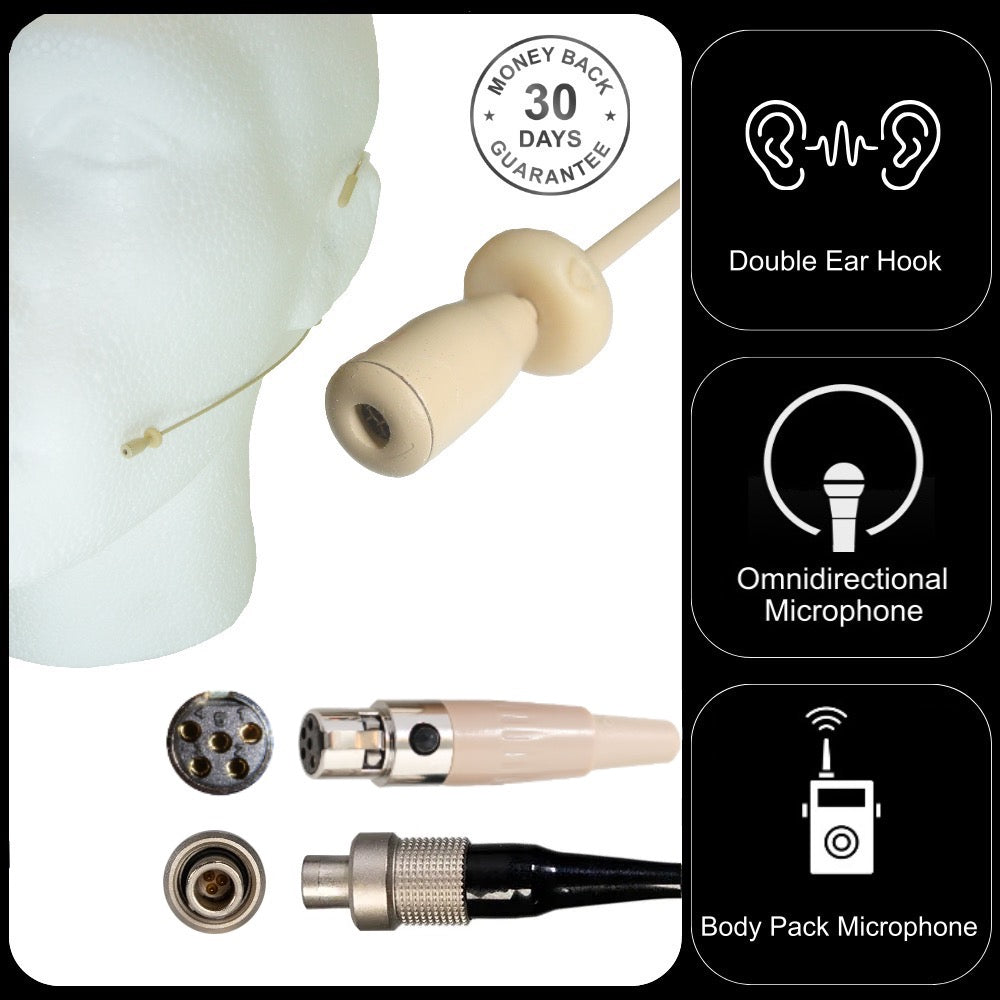 Head Worn Microphone Beige Double Ear Hook for Lectrosonics Body Pack Transmitter Lemo 3 or 5 Pin Mini XLR Connector