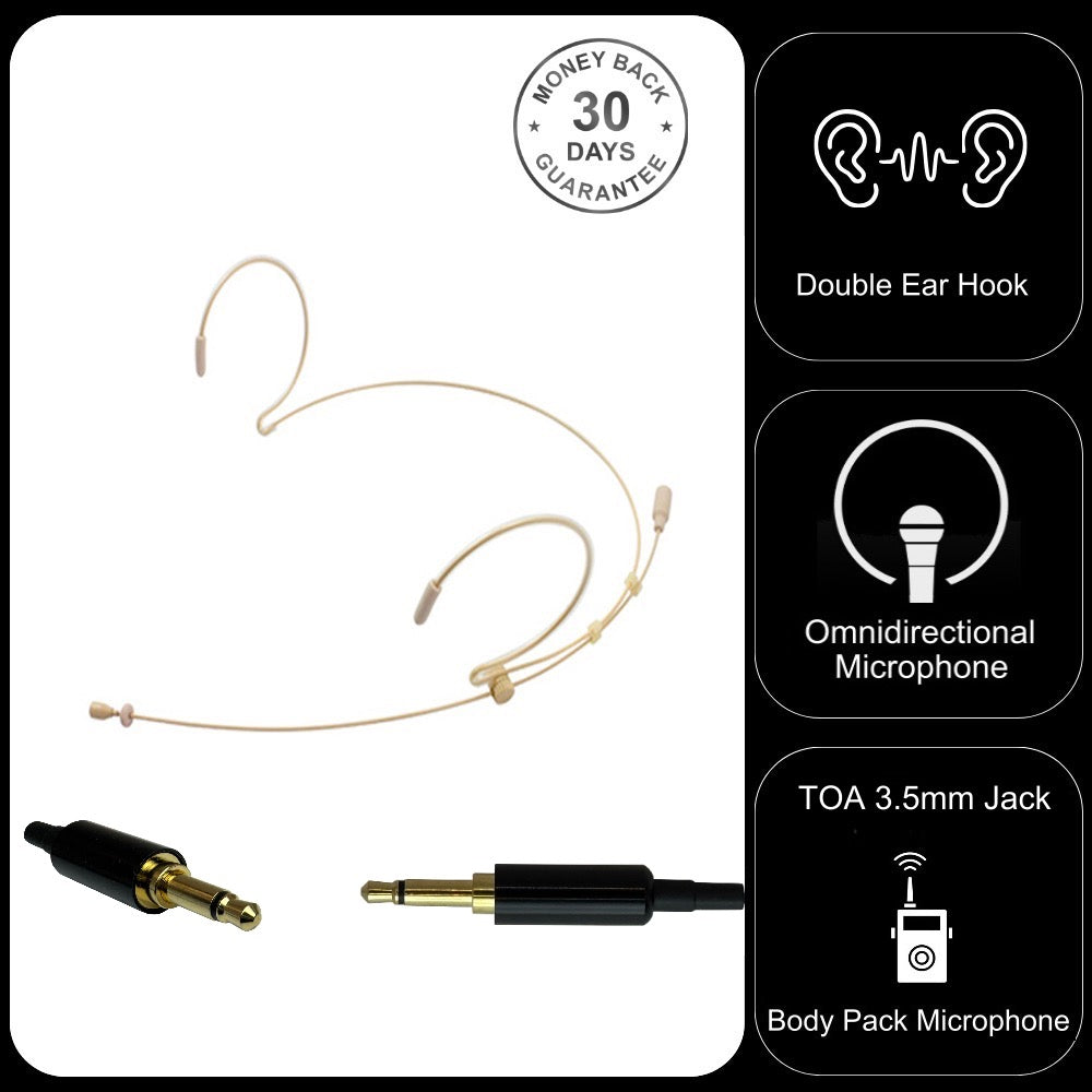 Beige Double Ear Hook Headset Microphone for TOA WM Wireless Body Pack Transmitter Slimline 3.5mm Jack Plug
