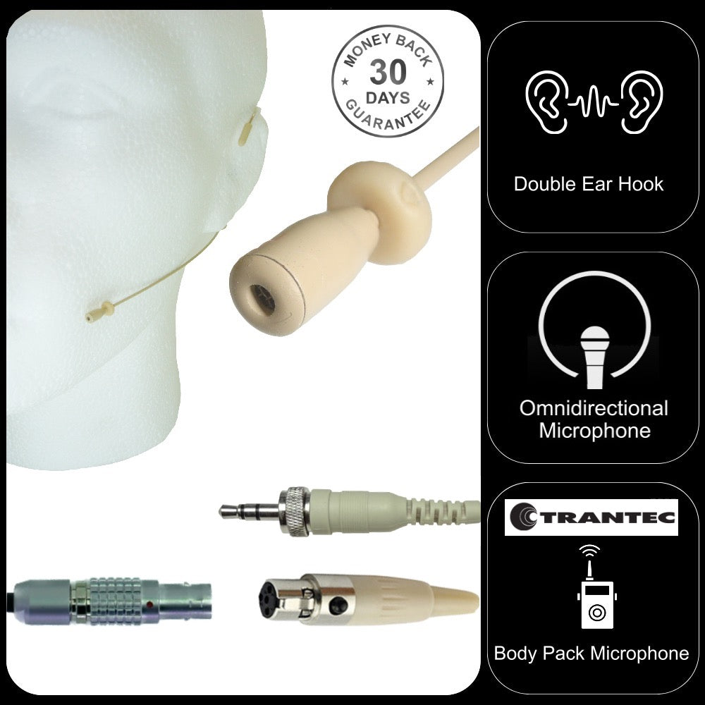 Beige Double Ear Hook Microphone for Trantec Lemo 4 pin, 3.5mm Jack, 4 Pin Mini XLR Body Pack Transmitters