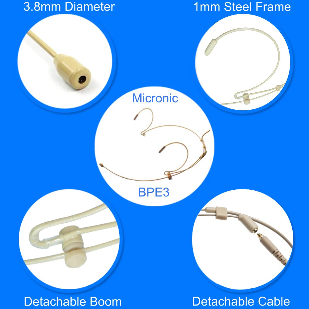 Beige Double Ear Hook Headset Microphone for TOA WM Wireless Body Pack Transmitter Slimline 3.5mm Jack Plug