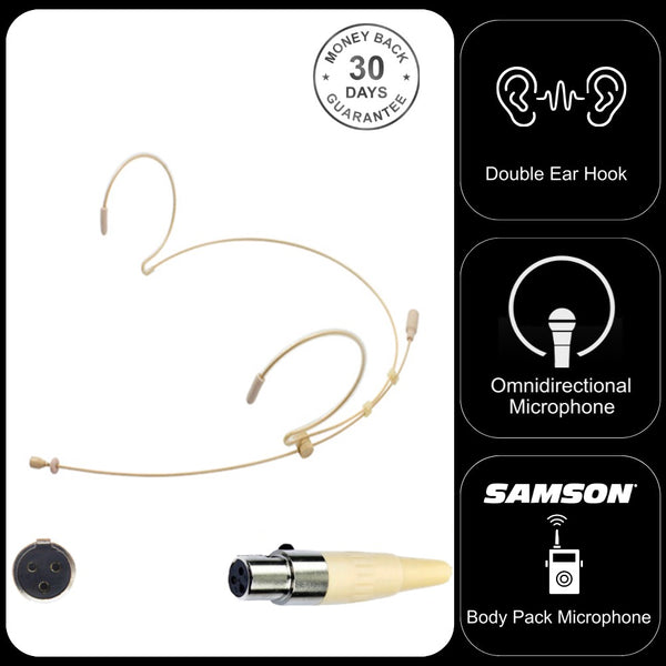 Beige Double Ear Hook Headset Microphone for Samson 3 Pin Mini XLR TA3F Body Pack Transmitter