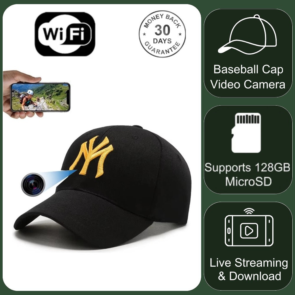 Wi-Fi Baseball Cap Camera Motion Detection & Scheduled Recording Live Stream App
