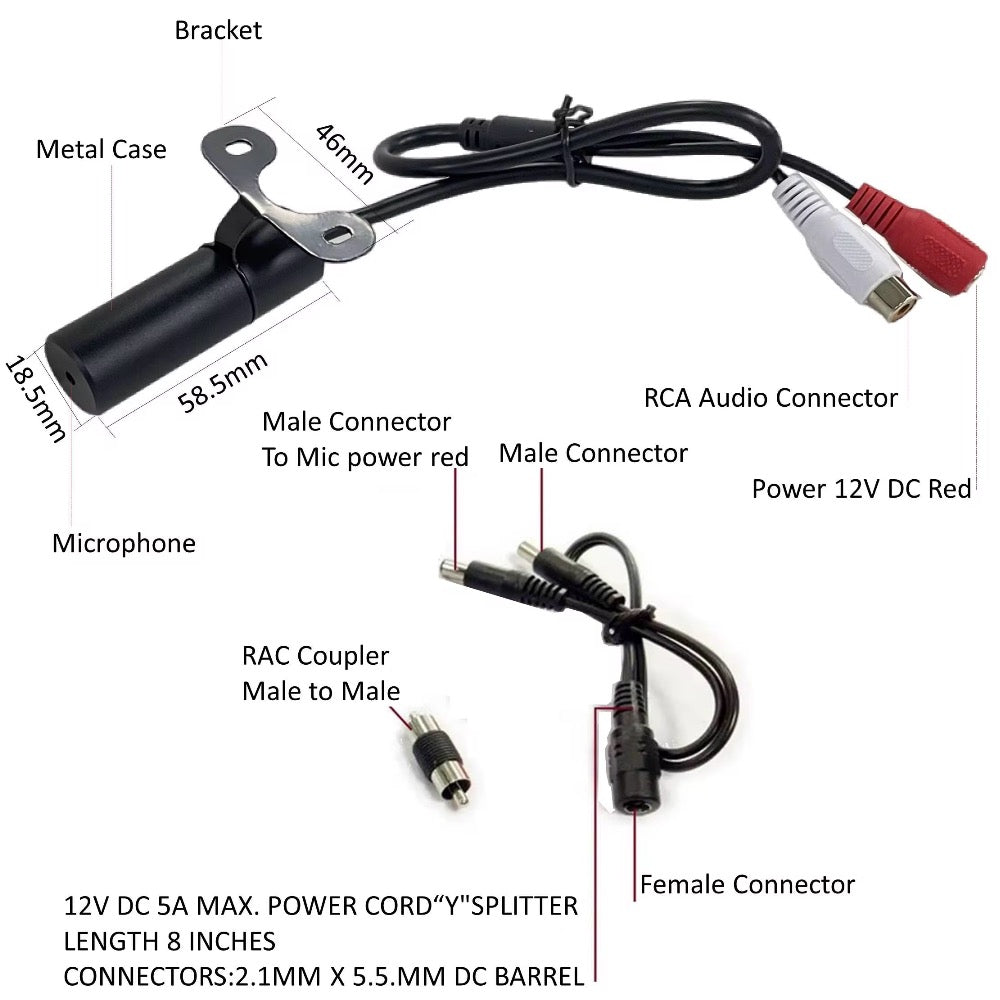 IP66 Rated Water Proof Microphone for CCTV Camera Solid Metal housing 6-12V DC input RCA Phono Output