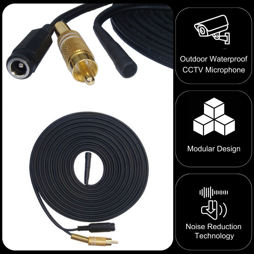 Outdoor Waterproof CCTV Microphone 30cm to 30 metre Cable with RCA Phono Audio Output and 2.1mm 12v DC Input