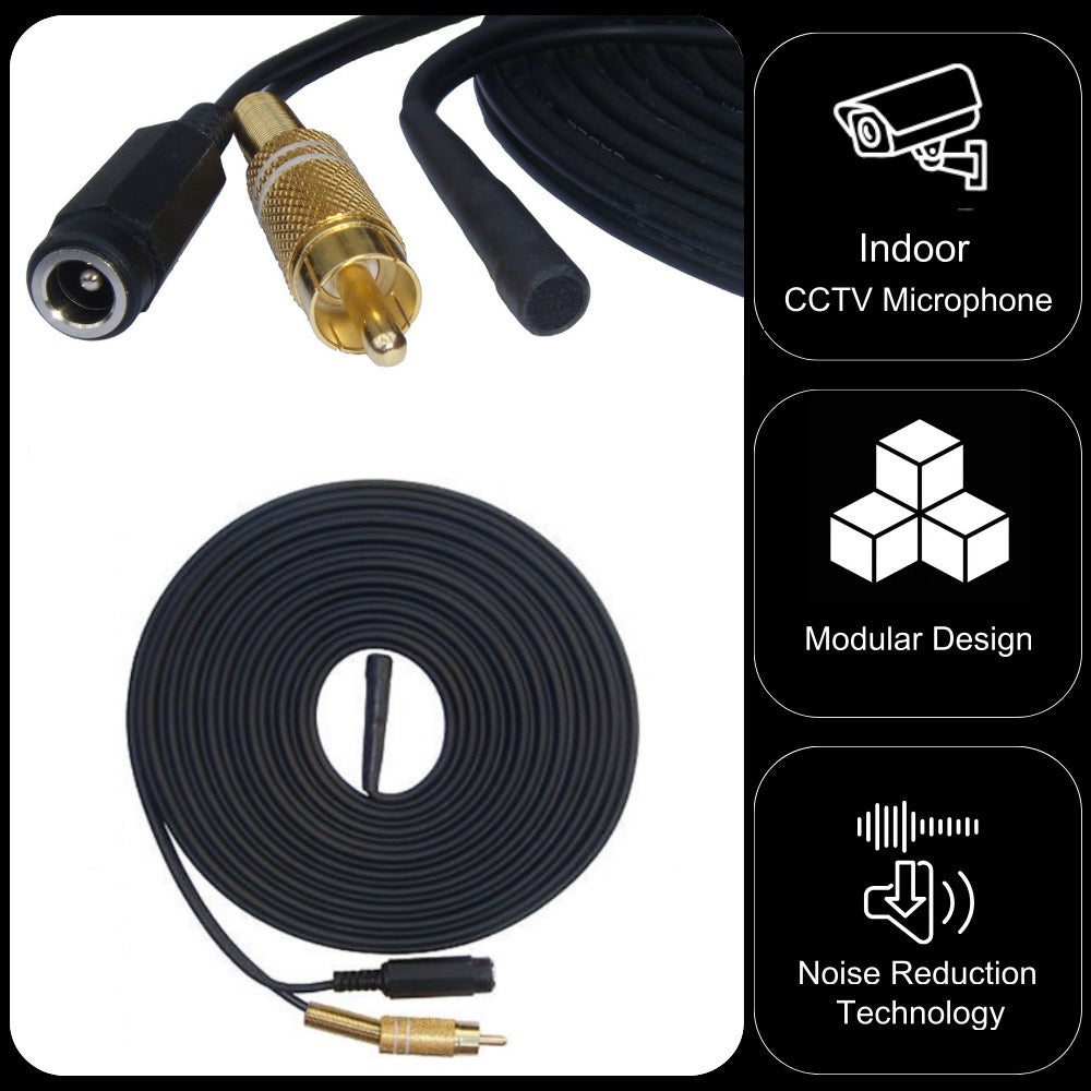 Indoor CCTV Microphone 30cm to 30 Metre Cable with RCA Phono Output and 2.1mm 12v DC Input