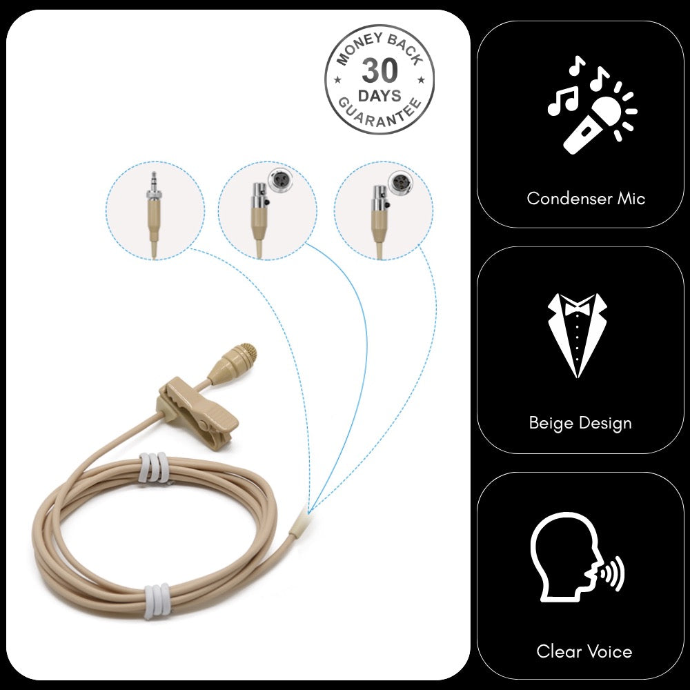 Beige Lavaliere Lapel Microphone for Wireless Body Pack Radio Transmitters Omnidirectional Condenser (HC-4044)