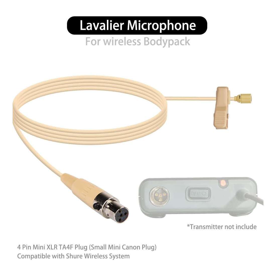 HC-4052 Beige Lavaliere Lapel Microphone Omnidirectional for Wireless Body Pack Radio Transmitters