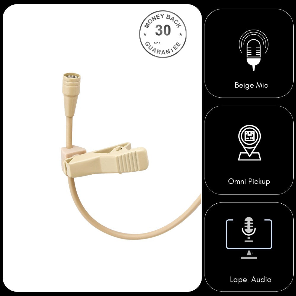 HC-4052 Beige Lavaliere Lapel Microphone Omnidirectional for Wireless Body Pack Radio Transmitters
