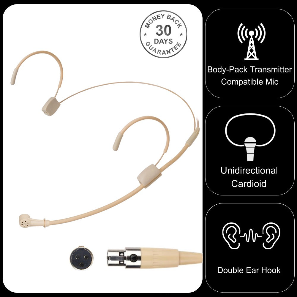 Unidirectional Cardioid Double Ear-Hook Microphone for 3 Pin Mini XLR TA3F Body-Pack Transmitters