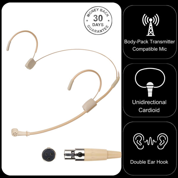 Unidirectional Cardioid Double Ear-Hook Microphone for 3 Pin Mini XLR TA3F Body-Pack Transmitters