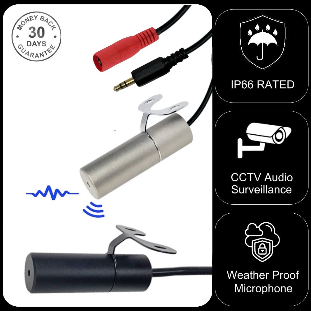 Waterproof Outdoor CCTV Microphone for IP Camera 3.5mm Jack Plug Input IP66 Rated Solid Metal Housing & Bracket