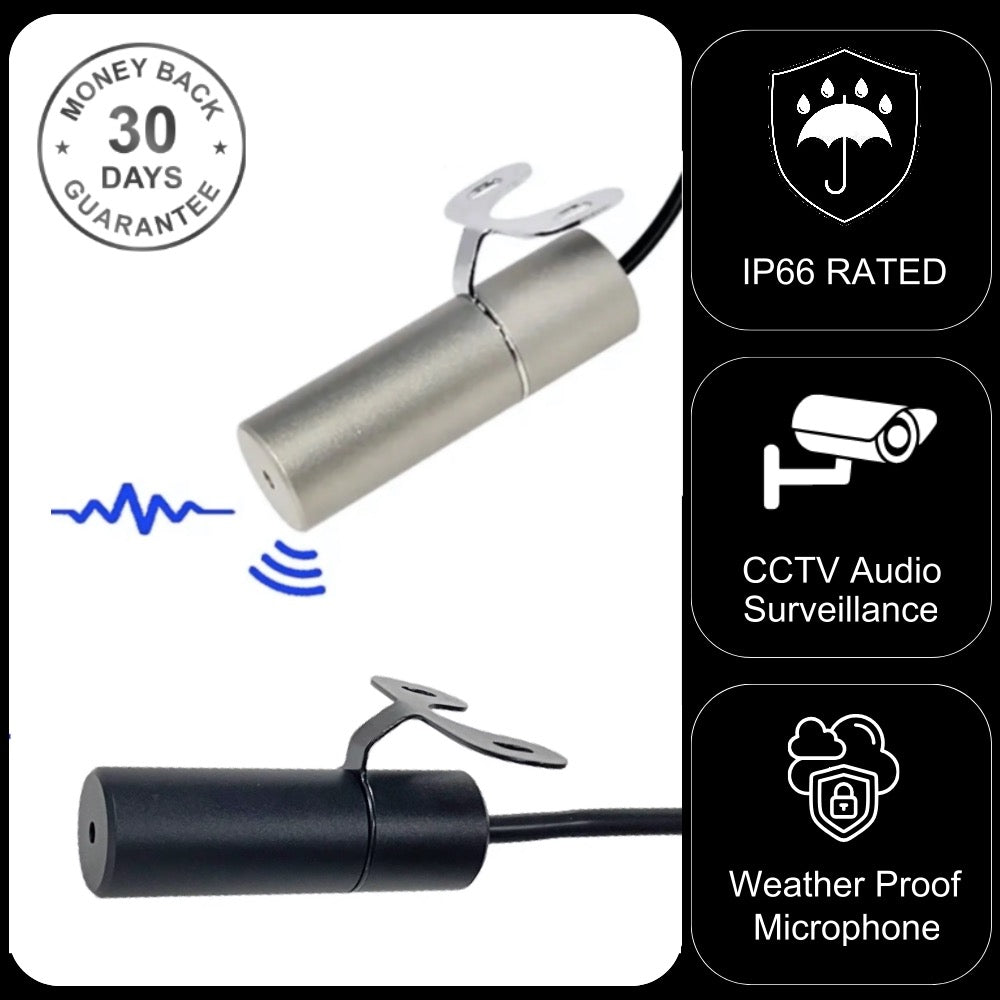 CCTV Camera Audio Microphone IP66 Rated Outdoor Waterproof Metal Housing 30cm Cable with 2.1mm DC and RCA Phono Connector