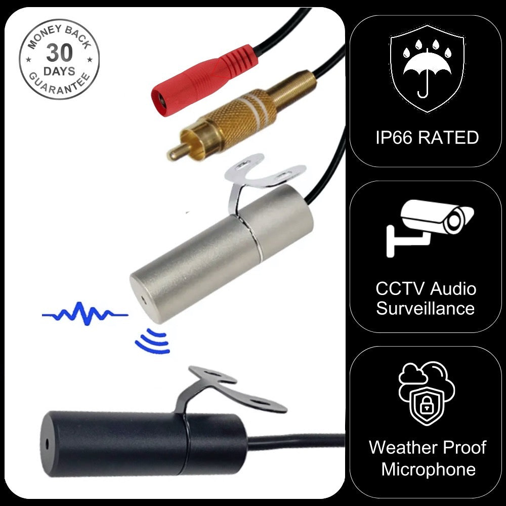 IP66 Rated Water Proof Microphone for CCTV Camera Solid Metal housing 6-12V DC input RCA Phono Output