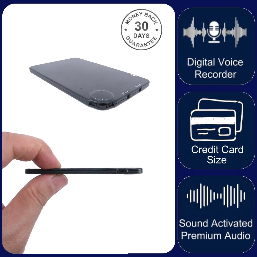 Credit Card Voice Recorder Sound Activated 8GB 90 Hour High Quality 1536kbps .WAV Audio