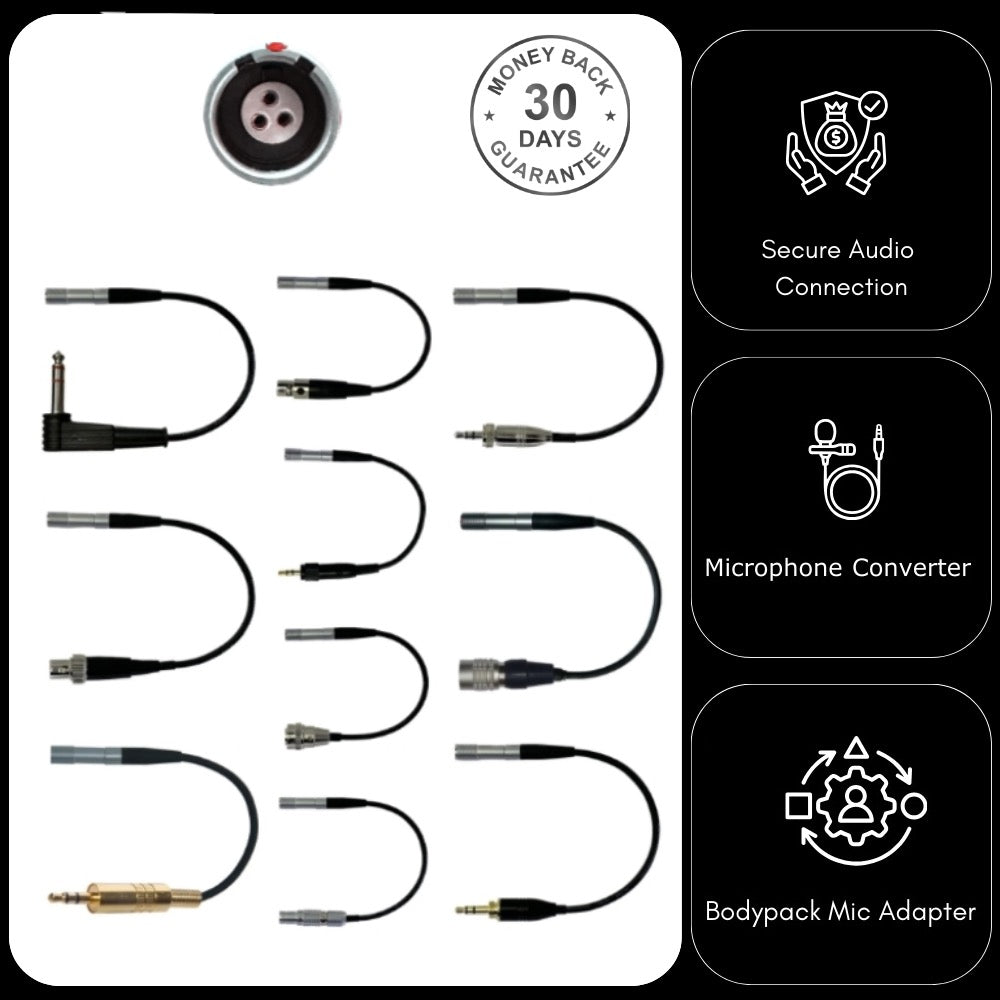Lemo 3 Pin Microphone Adapter to Convert Lavalier Ear-hook Headworn Body Pack Transmitter Mic
