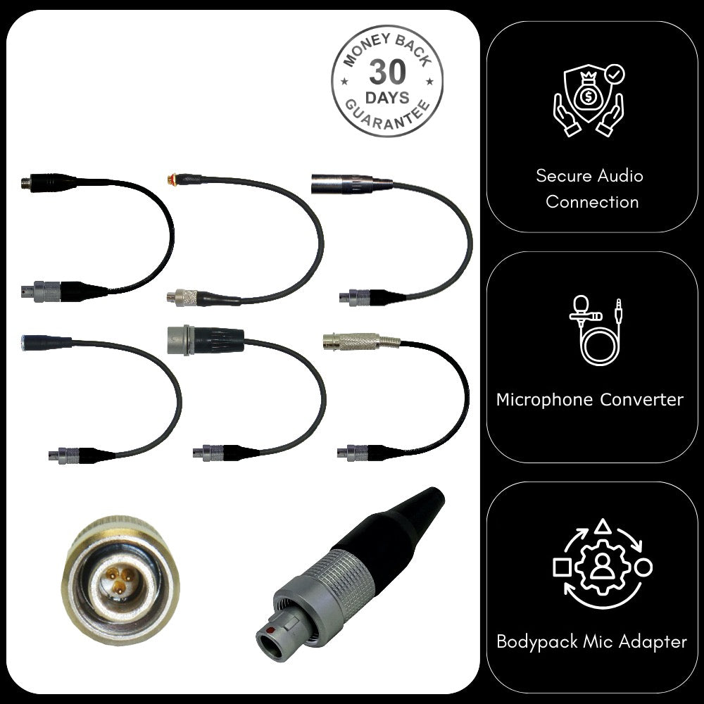 Microphone Adapter to Convert Lavaliere Ear-hook Head Worn Mic to Lemo 3 Pin Sennheiser Shure Wisycom Transmitters