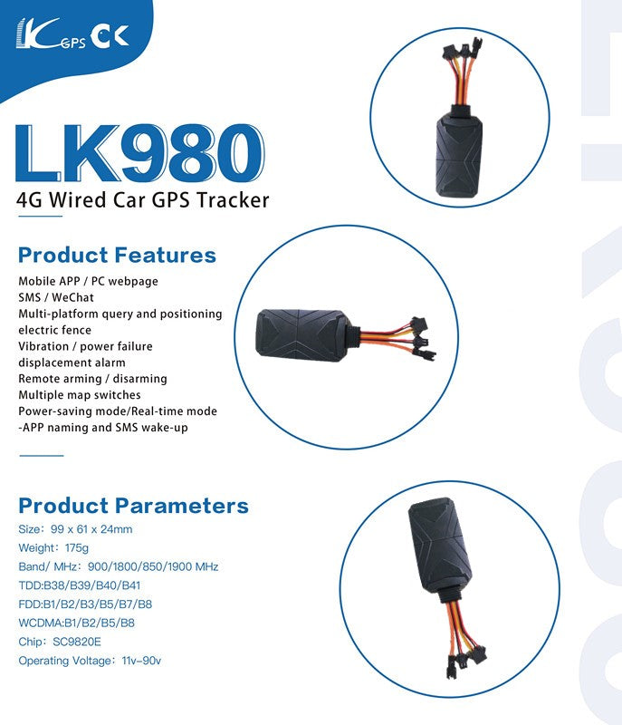LK980 4G Global Band GPS Tracker Vehicle Engine Cut Off SOS Microphone Motion Geo-Fence Alerts