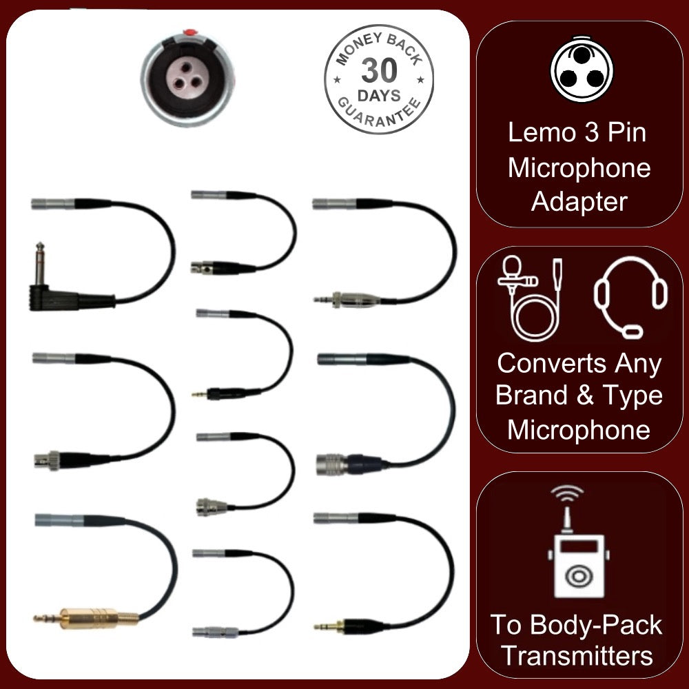 Lemo 3 Pin Microphone Adapter to Convert Lavalier Ear-hook Headworn Body Pack Transmitter Mic