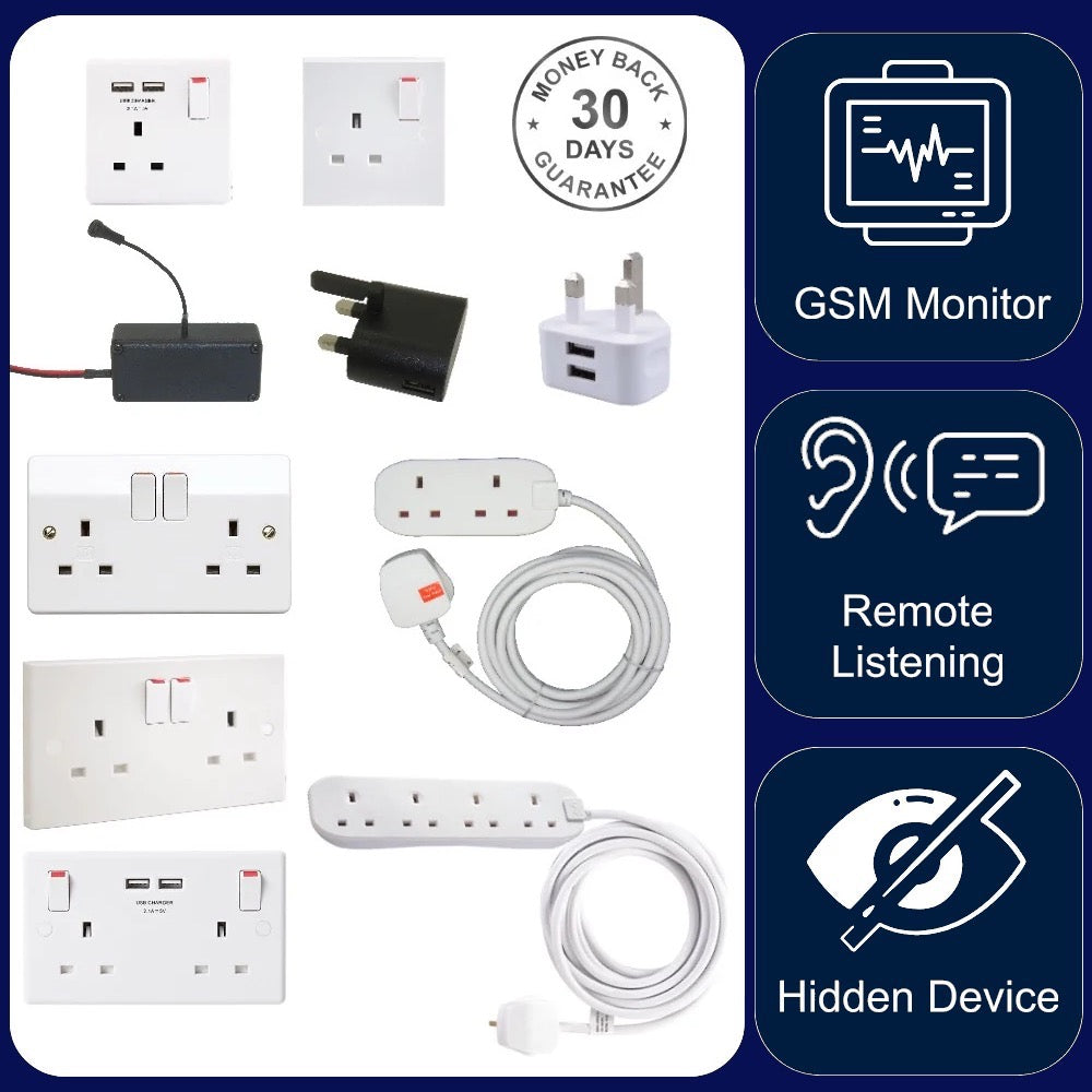 Wireless GSM Audio Monitor Listening Device & Sound Recorder in Electric Socket Extension Lead Phone Charger