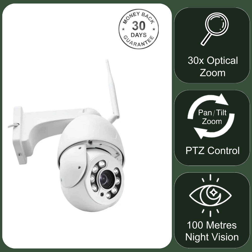 Wireless 4G PTZ Dome Camera 30x Optical Zoom 355º Pan 90º Tilt & 100m Night Vision Human Tracking