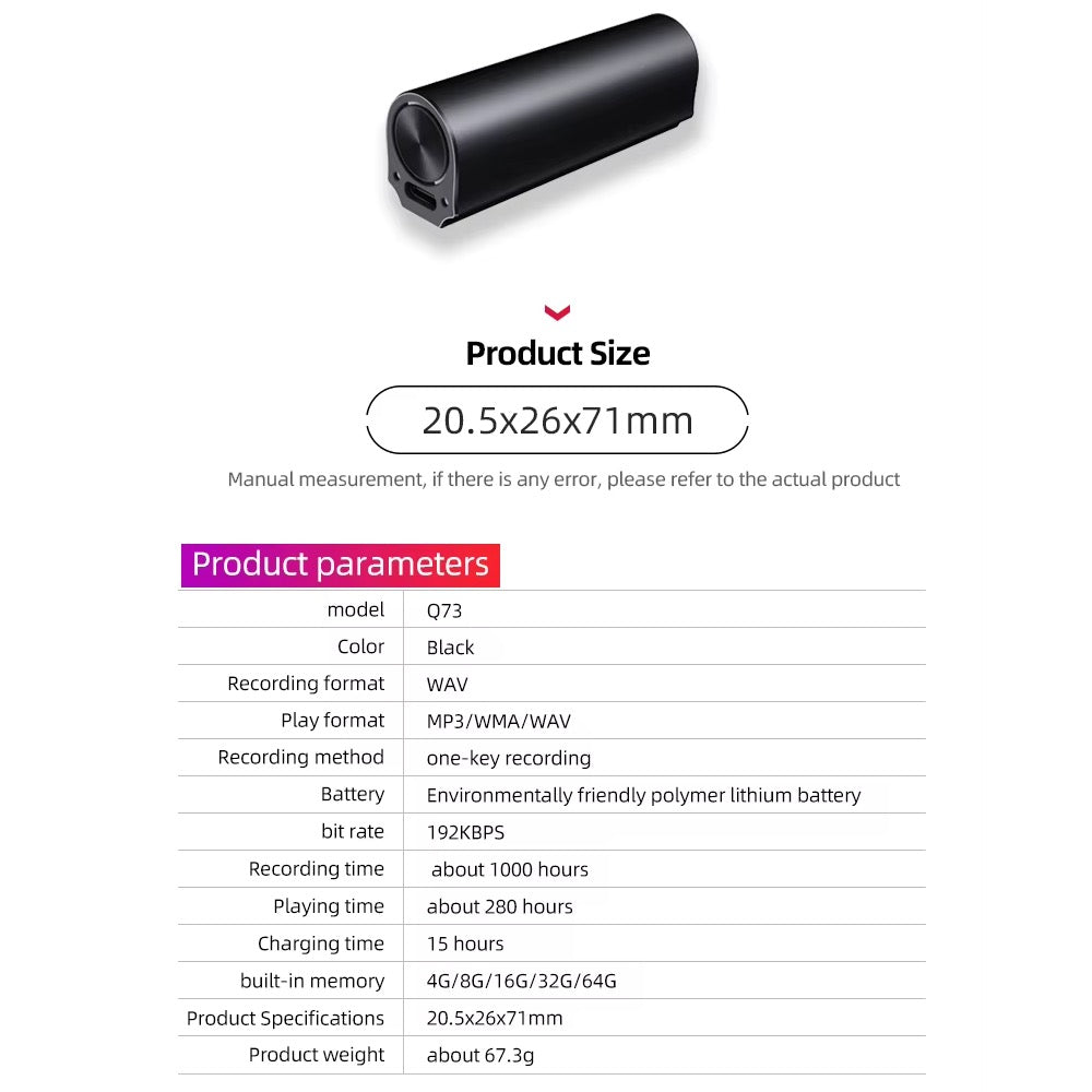 Q73V Mini Magnetic Voice Recorder 500 Hour Battery 64GB Memory Sound Activated Noise Reduction