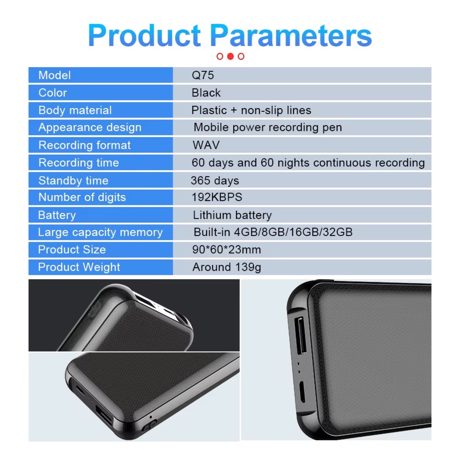 Q75 32GB Voice Recorder 1100 Hour Battery Sound Activated ADPCM High Definition Noise Reduction