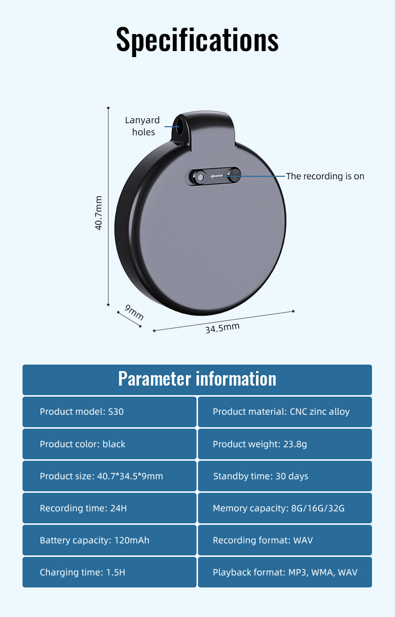Mini Pendant Voice Recorder Sound Activated 1536Kbps PCM High Quality Audio 25 Hour Battery
