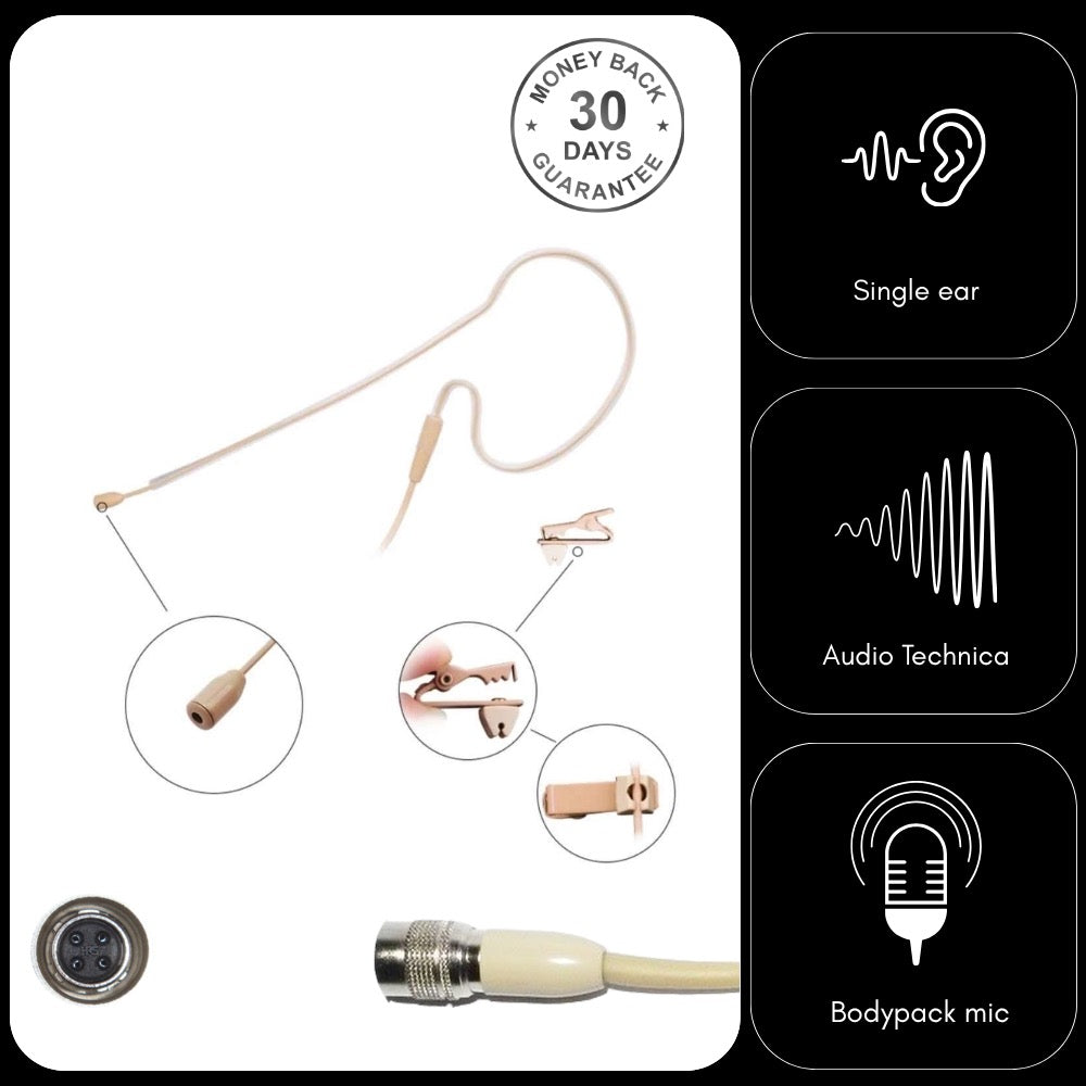 Single Ear Hook Earset Microphone for Audio Technica (CW) 4 Pin Body Pack Transmitters