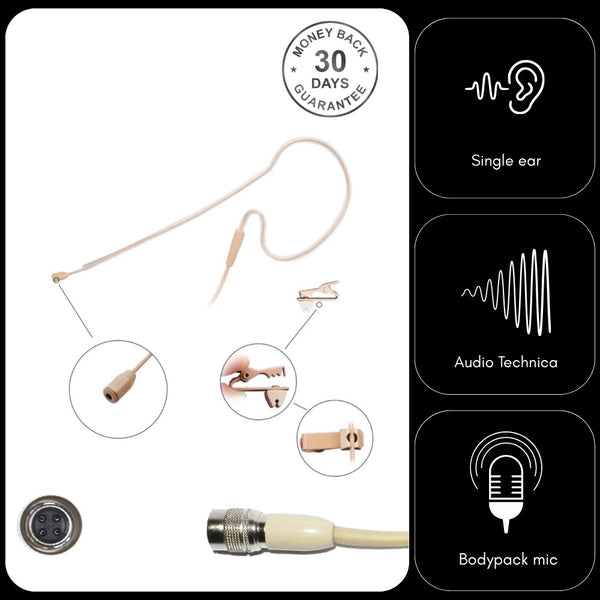 Single Ear Hook Earset Microphone for Audio Technica (CW) 4 Pin Body Pack Transmitters