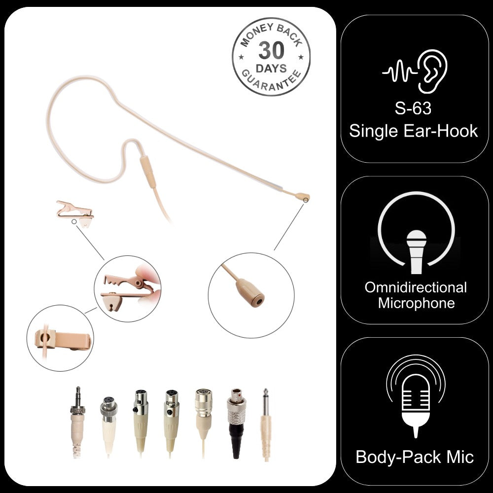 Beige Single Ear Hook Microphone for Wireless Body Pack Transmitters to fit all Brands Makes Models